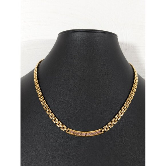 Gold Tone Panther Link Chain Pink Rhinestone Birthstone Statement Necklace 18" - Picture 1 of 11